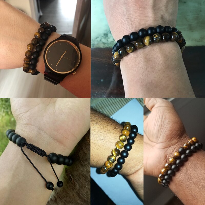 2pcs / Double Bracelets en Turquoise blanche et Œil de tigre "Sagesse & Conscience" - Ajustable